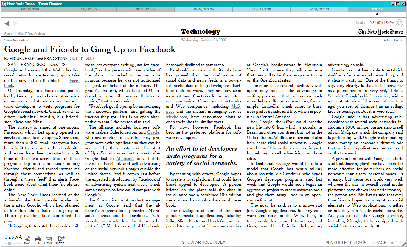 New York Times, 10/31/2007: Google and Friends to Gang Up on Facebook